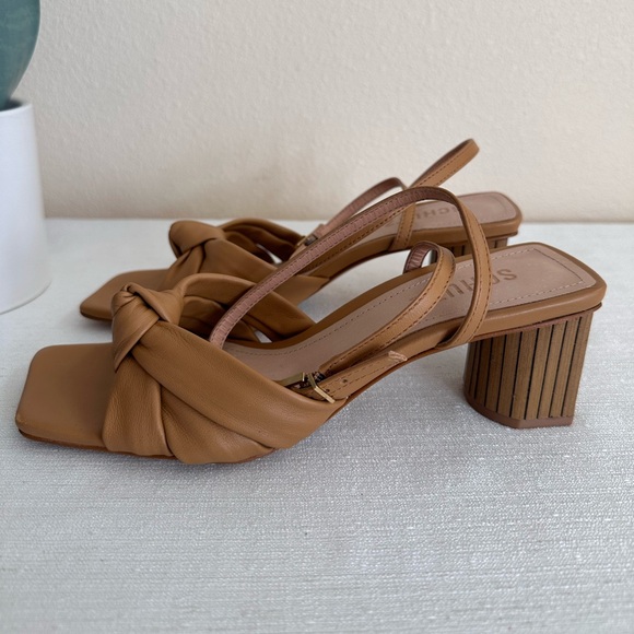 New Schutz Mindy Caramel Leather Knot Ankle Strap Bamboo Heel Sandals Women’s 6B - Picture 4 of 15